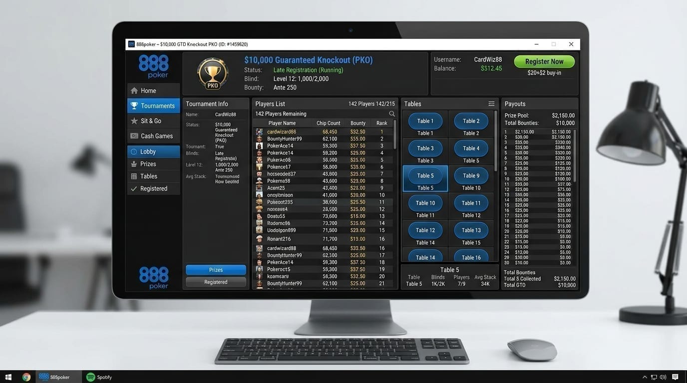 888poker knockout tournament lobby on computer screen