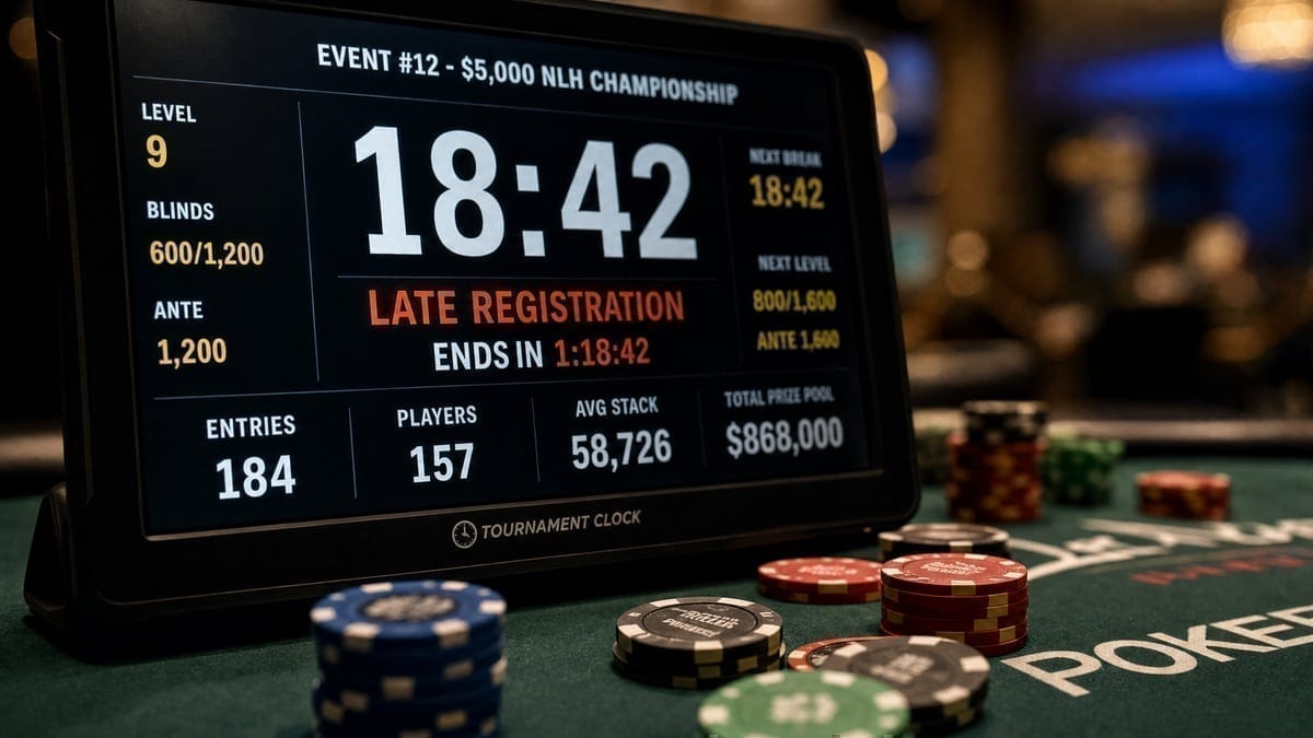 Tournament clock showing late registration with poker chips on table