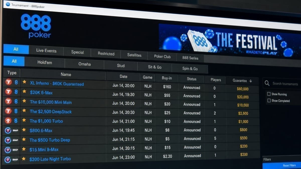 888poker tournament lobby displaying XL Spring Series events