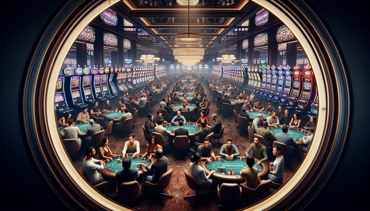Casino floor showing poker tables and slot machines