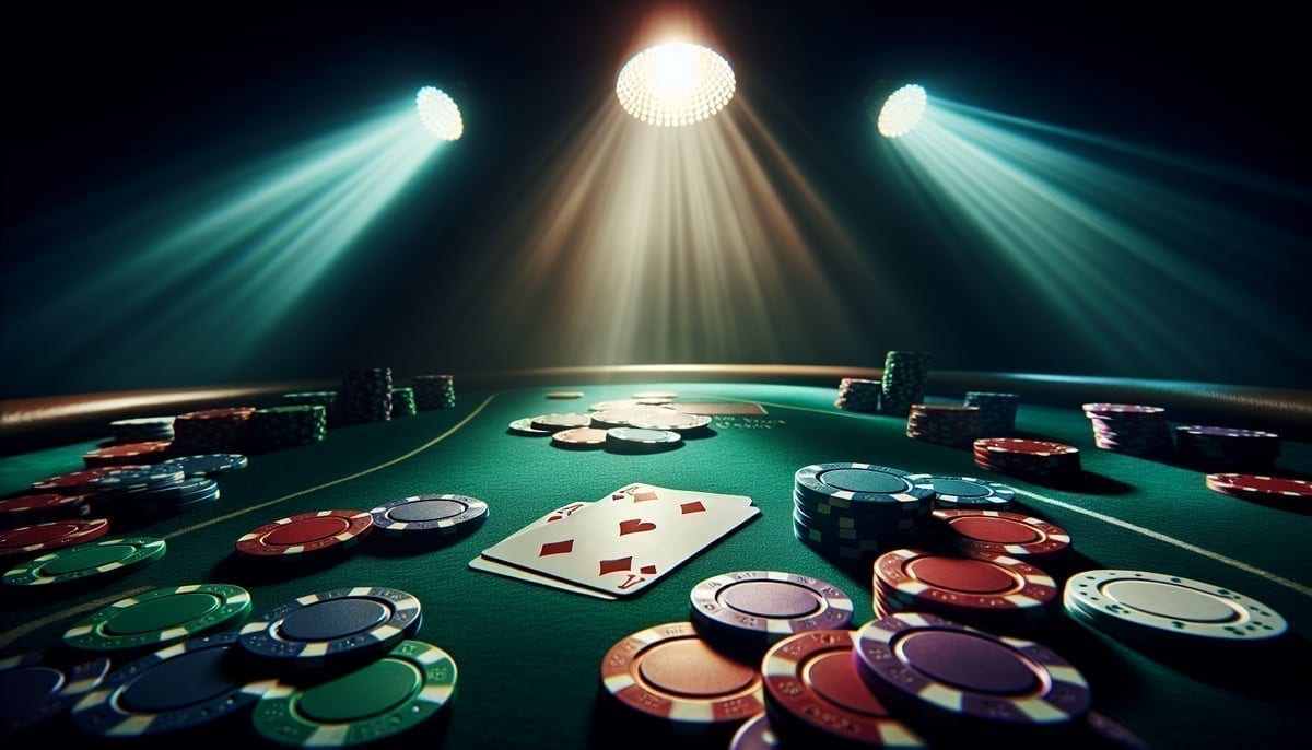 High-stakes poker pot with chips and cards