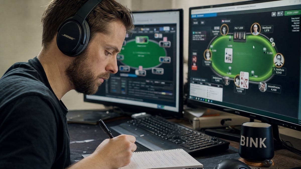 Tournament player studying hand histories on multiple screens