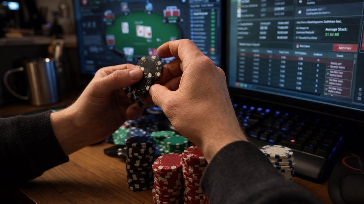 Player stacking chips while playing online poker tournaments