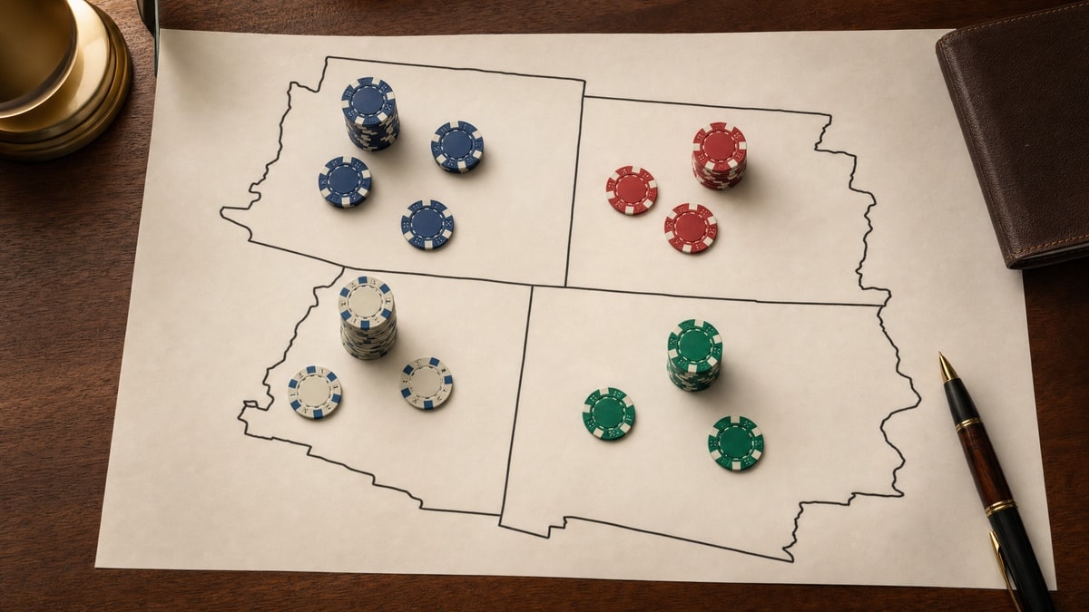 Poker chips arranged across four adjacent US state regions representing BetRivers' multi-state footprint