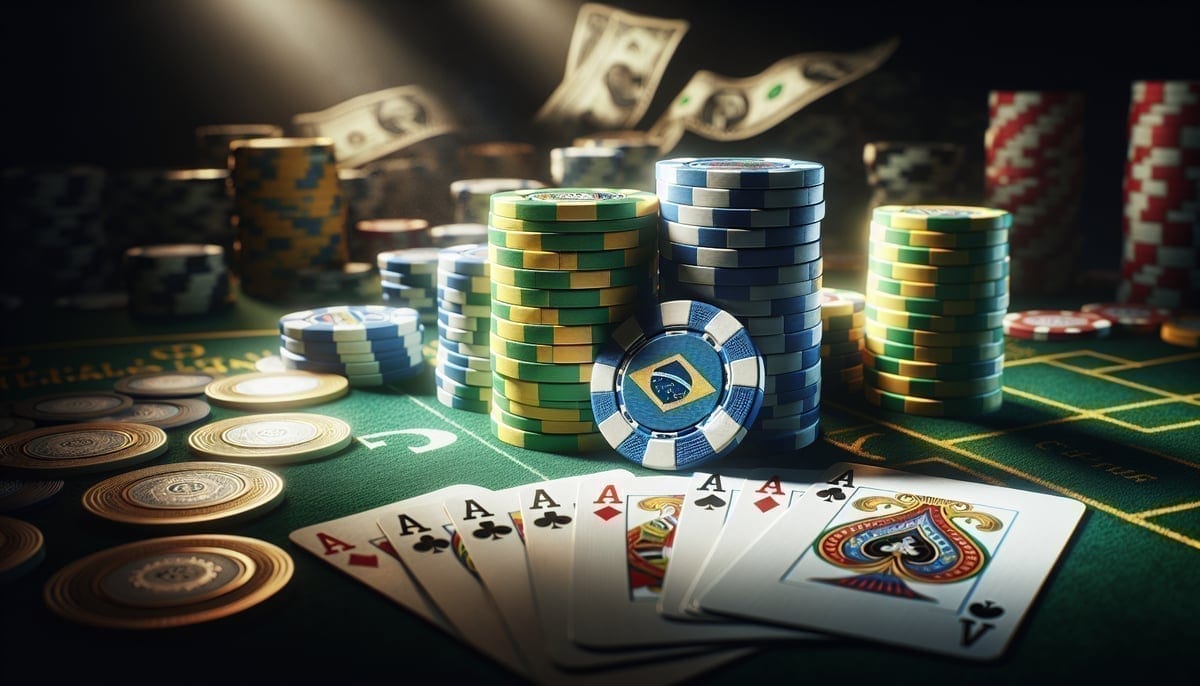 Brazilian-themed poker chips and cards representing SCOOP success