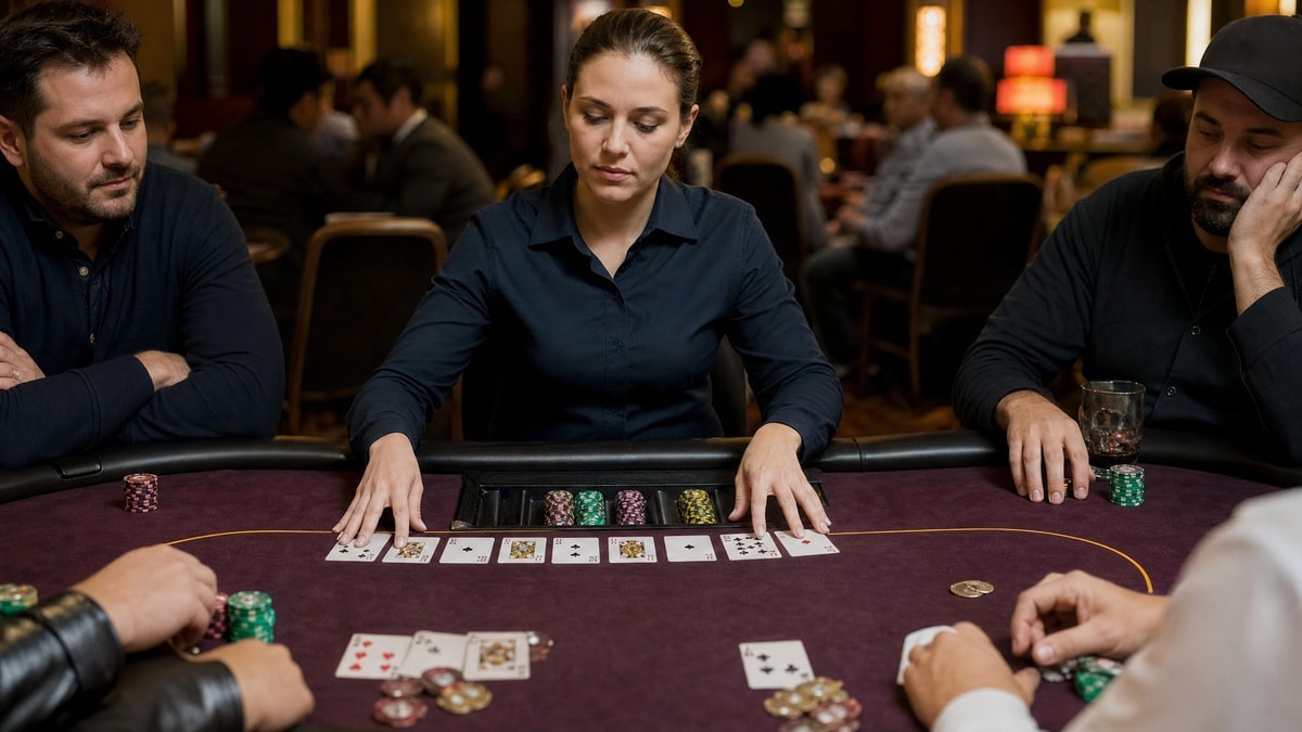 A mixed game table with stud upcards spread in a Las Vegas card room