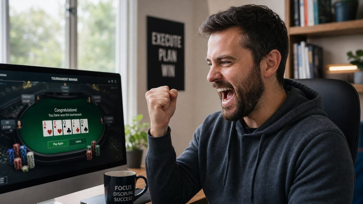 Player celebrating a spin and go victory at their computer