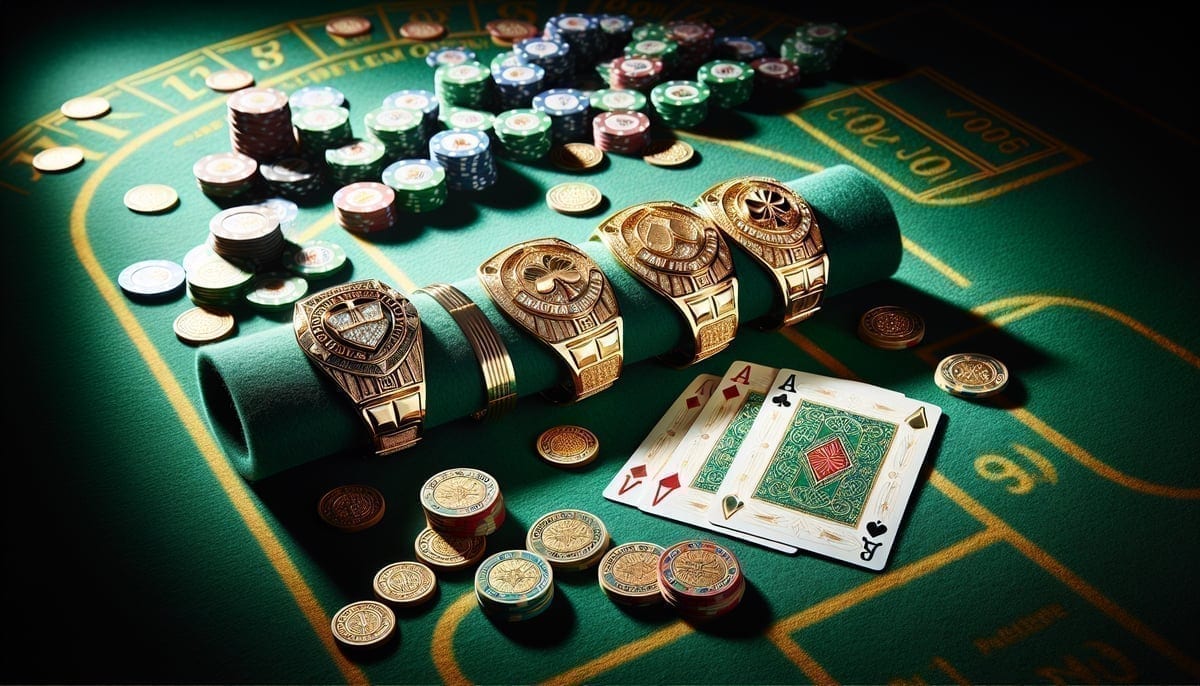 Three WSOP bracelets on poker table