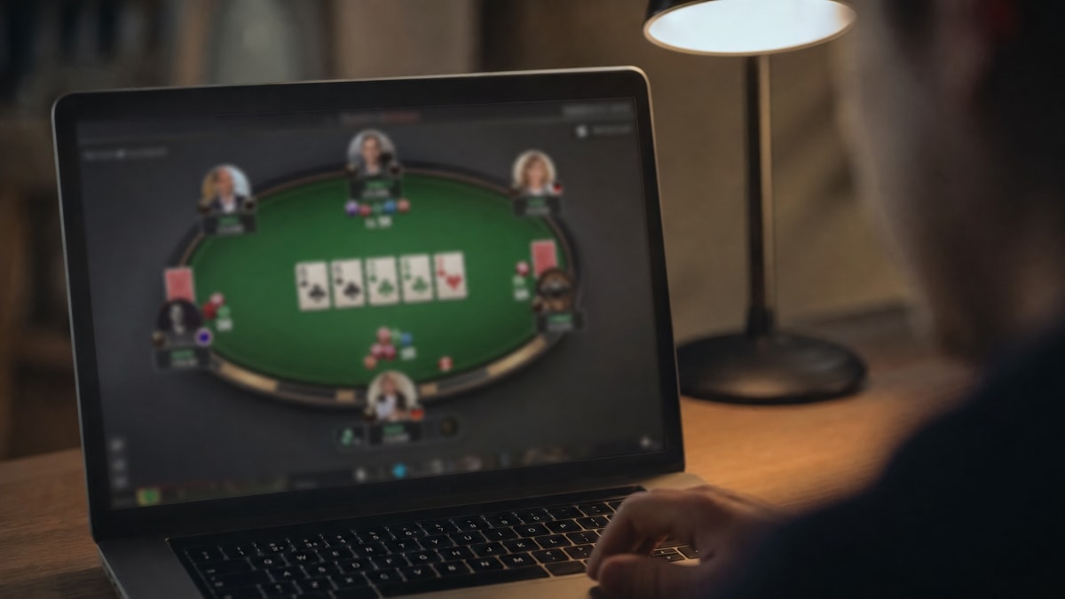 A laptop screen showing an online poker tournament nearing its final hand