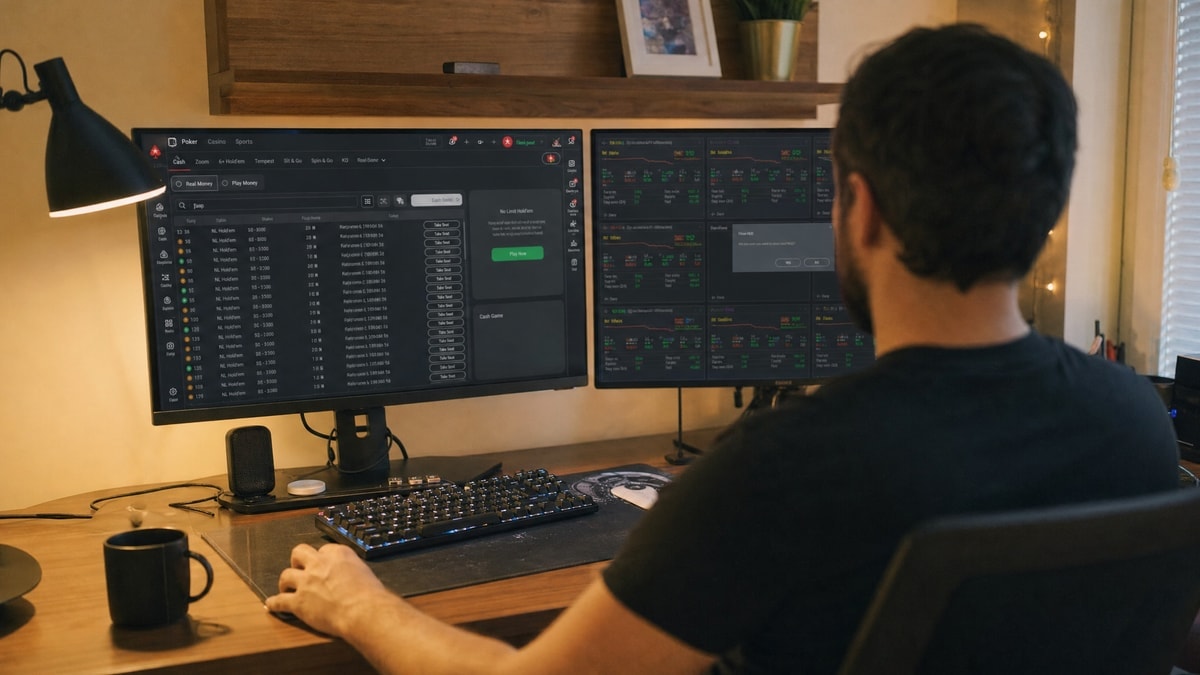 A home poker grinder's dual-monitor setup with tracking software open alongside an online poker lobby