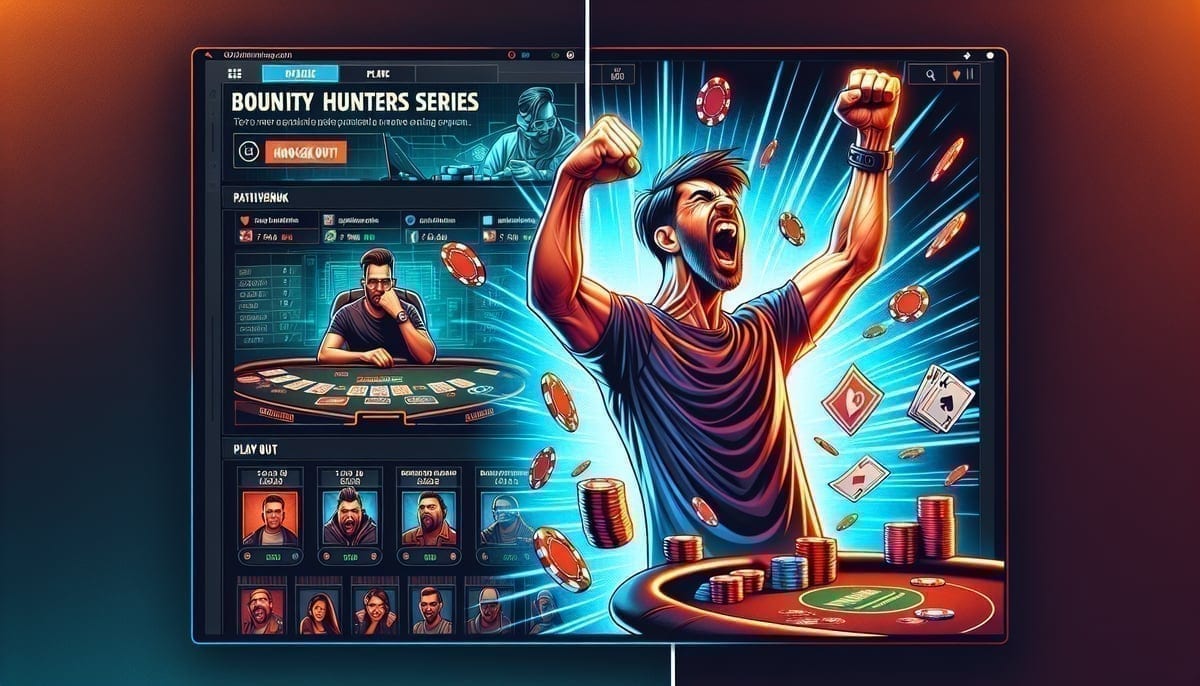 GGPoker Bounty Hunters Series tournament lobby and player celebrating bounty win