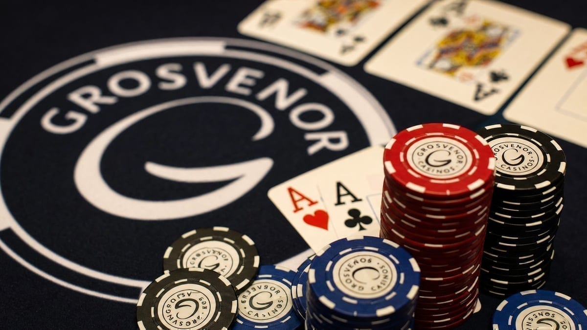 Poker chips and cards on a Grosvenor Casino table