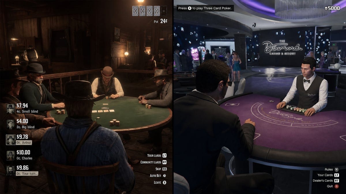 Comparison of poker gameplay in Red Dead Redemption 2 and GTA V casino interior
