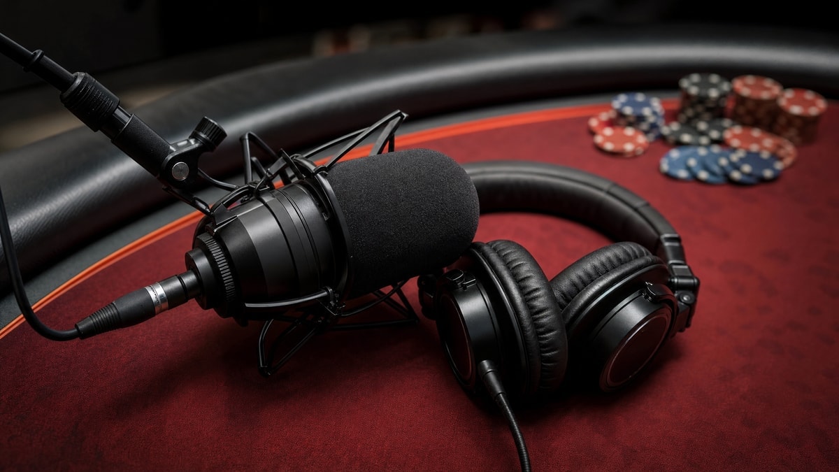 A broadcast microphone and headset on a poker table, illustrating the debate over poker commentary