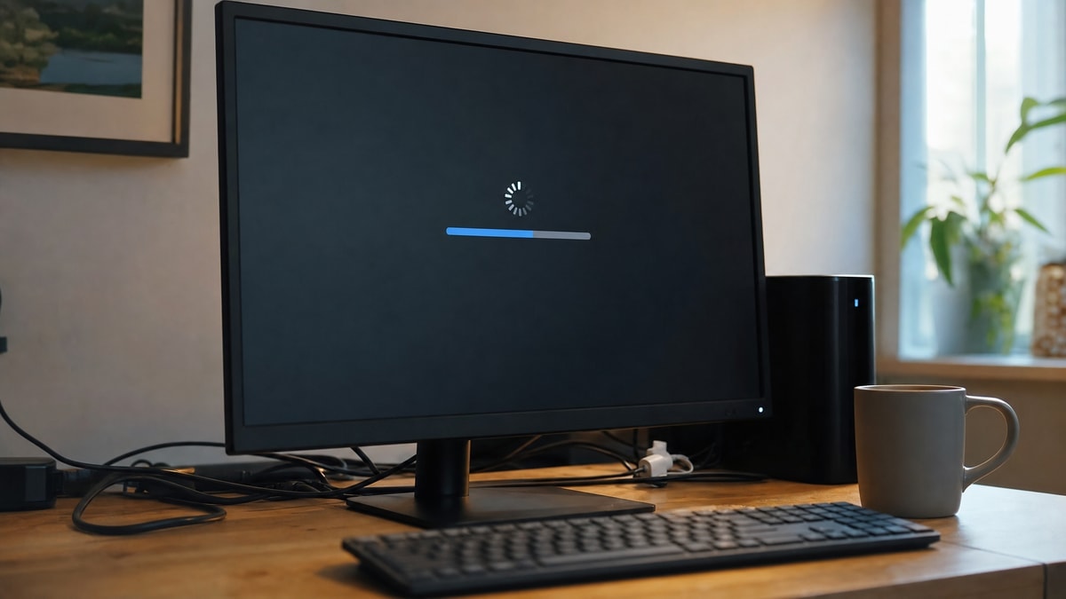 A software update installing on a dark monitor, illustrating a compromised update package
