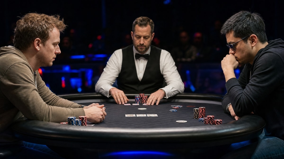 Two finalists battle heads-up at a live EPT poker table under stage lights