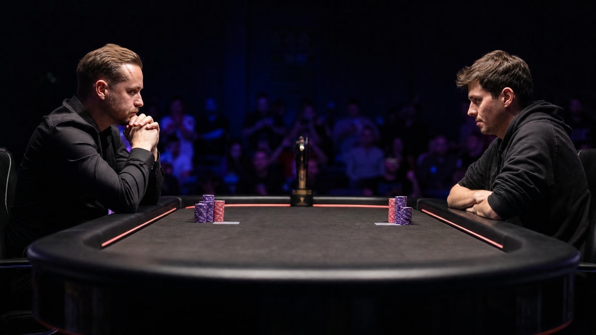 Two poker players face off heads-up at a Triton final table