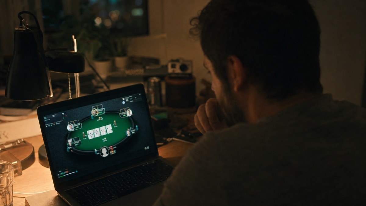 Online poker player reviewing software on a laptop at night