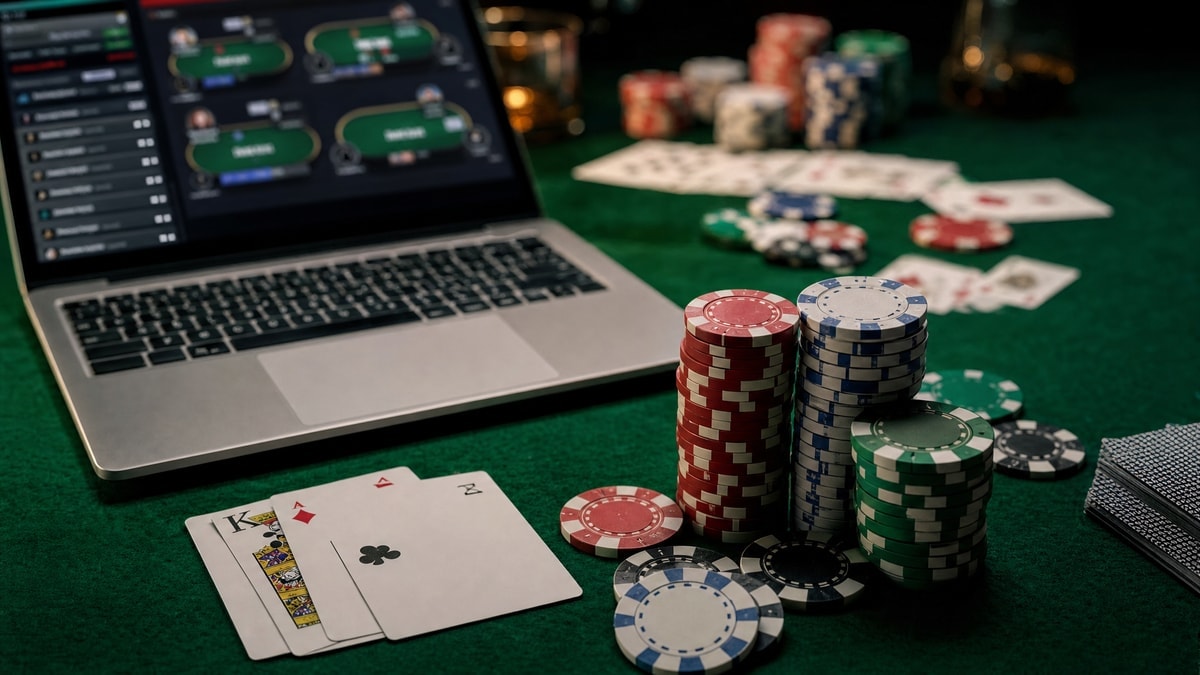 Online poker chips and cards beside a laptop showing a tournament lobby
