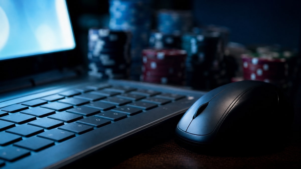 A late-night online poker setup lit by monitor glow