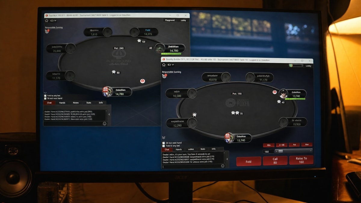 Two online poker client windows overlapping on a monitor, illustrating a brand migration