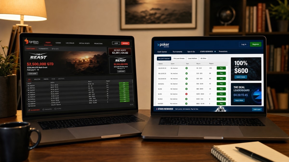 Two laptops representing PokerStars on FanDuel's parallel US and Ontario tournament platforms