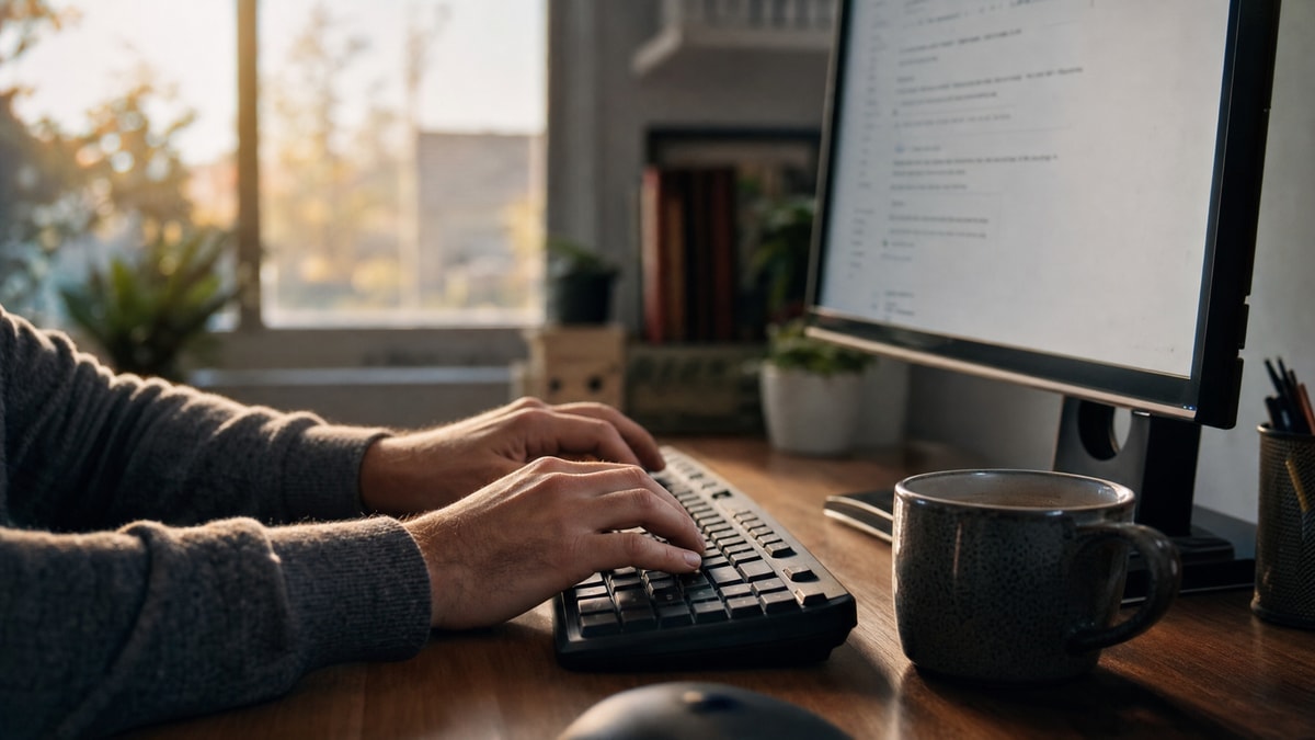 A person at an early-2000s computer sending a message in morning light