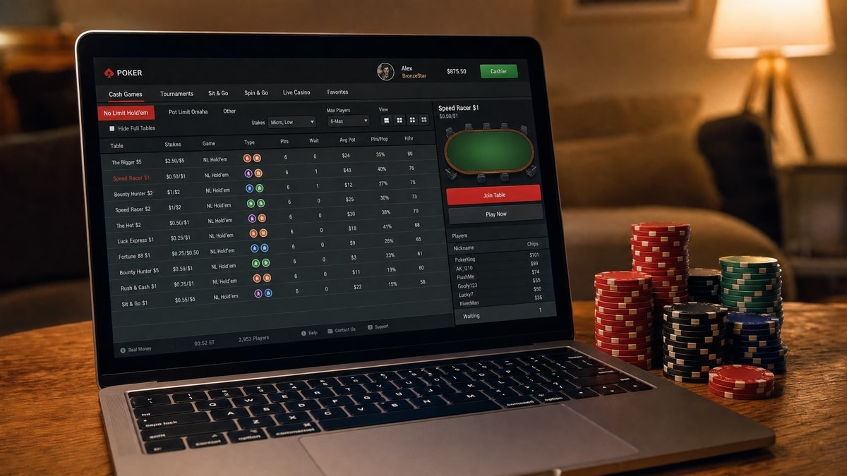 A laptop poker lobby next to casino chips representing the online-to-live qualifier pathway