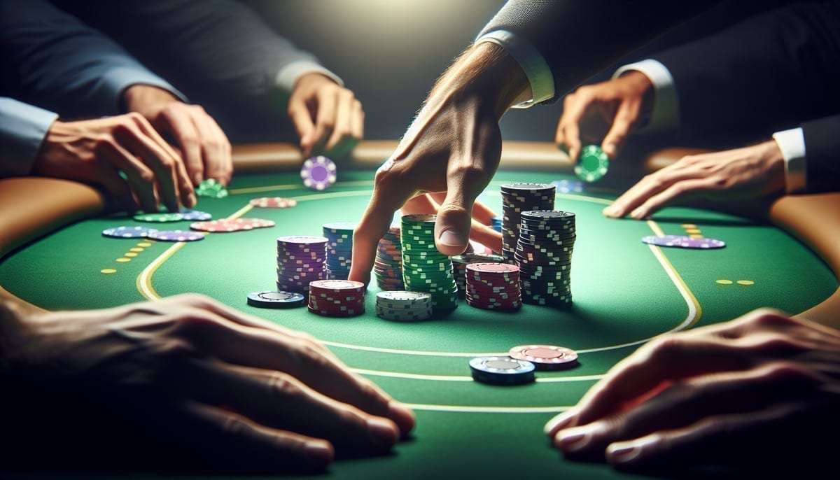 High stakes poker chips being pushed across the table