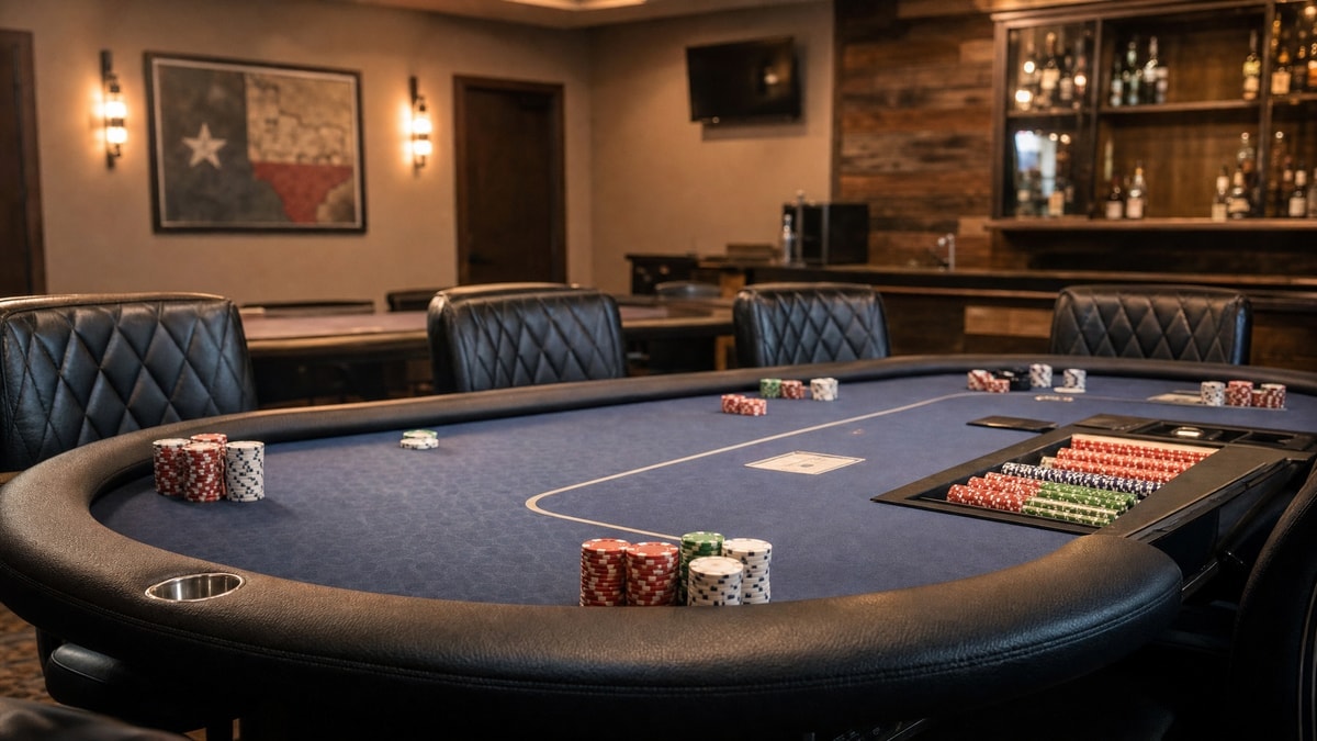 A cash game table inside a Texas poker social club with an empty dealer seat