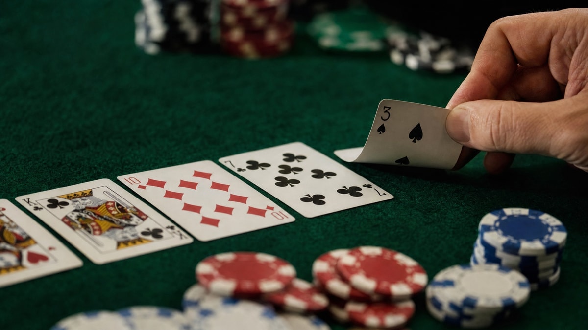 A river card falling at a high-stakes poker table with tournament chips in the foreground