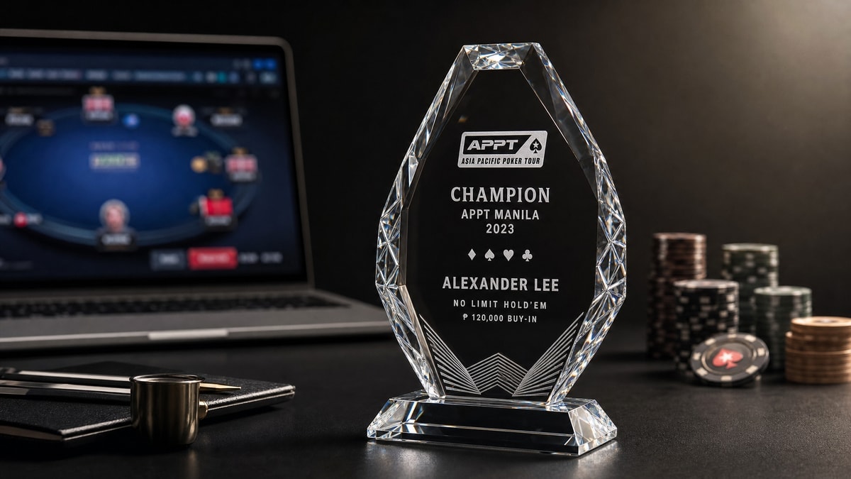 A customized WPT trophy sits beside a laptop and chip stacks