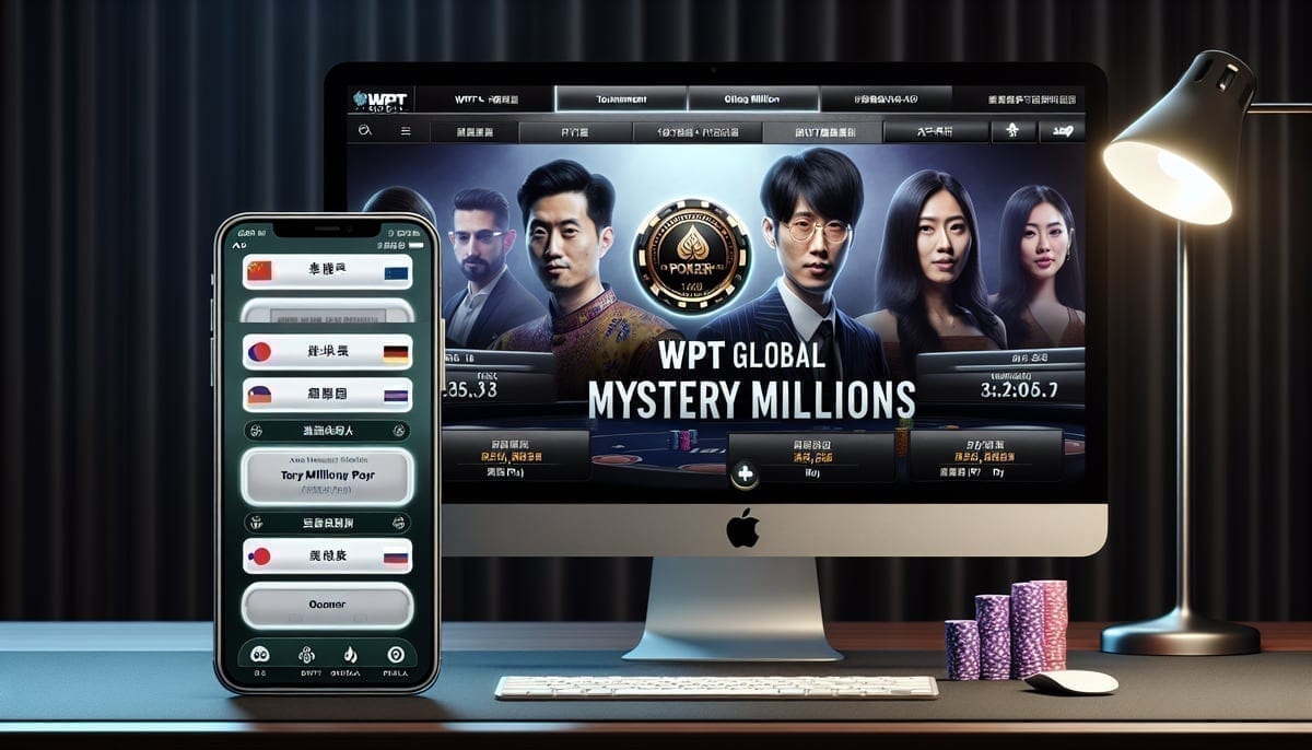 WPT Global Mystery Millions tournament interface on multiple devices