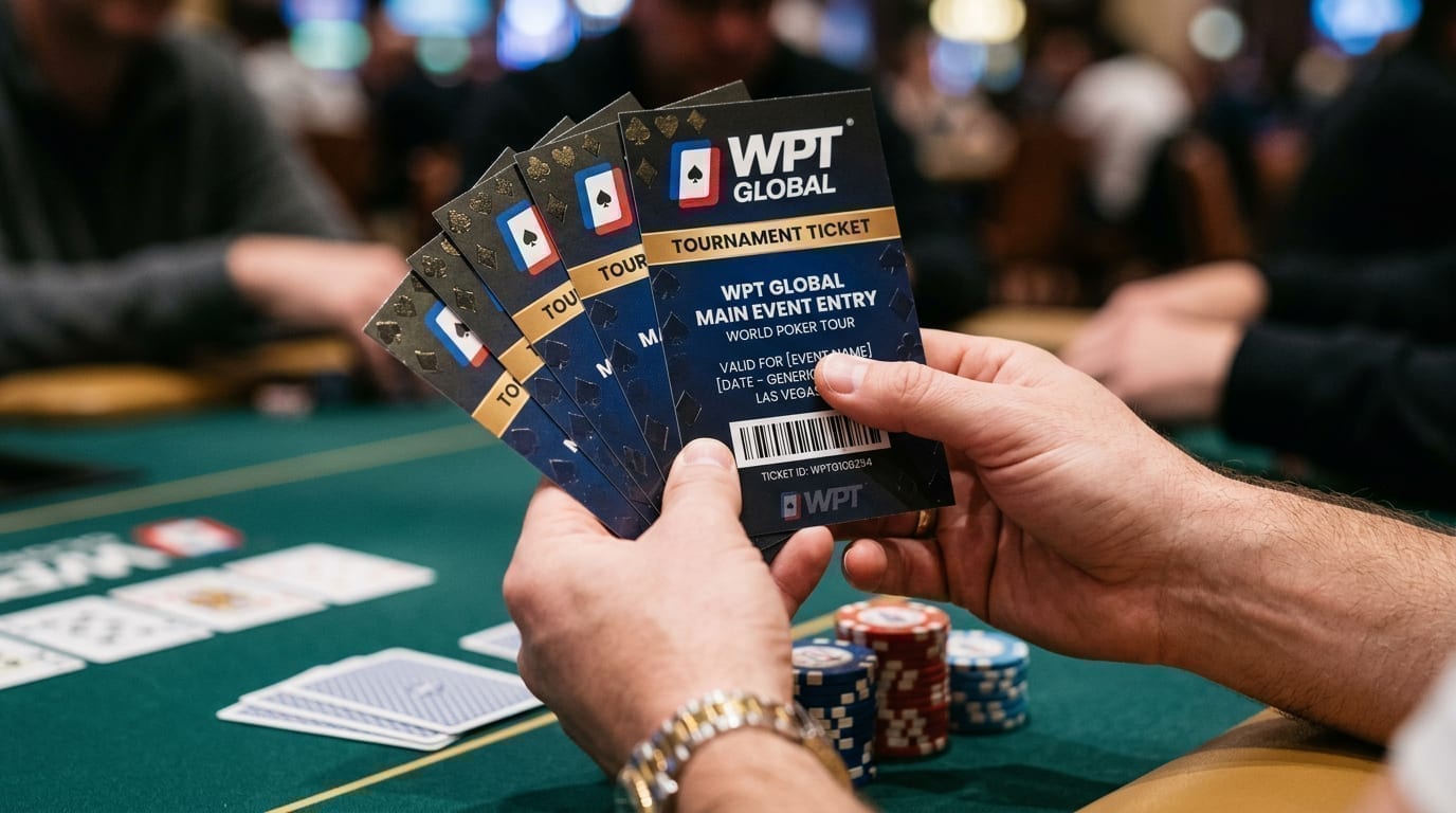 WPT Global tournament tickets being held by a poker player