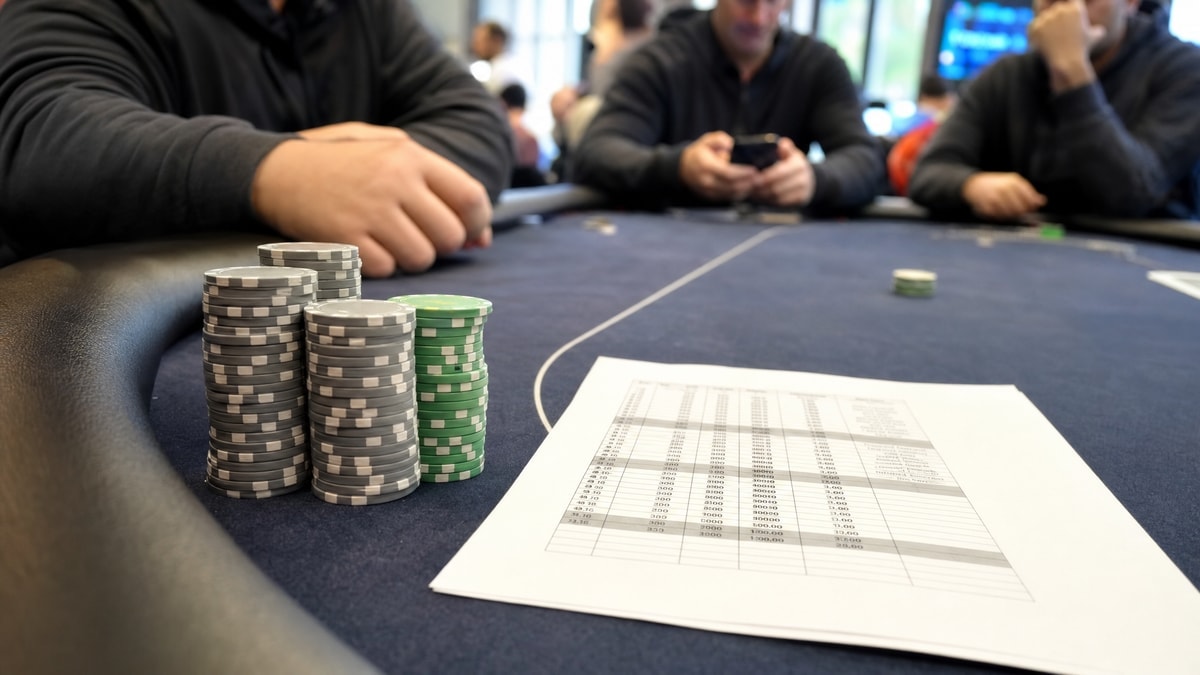 Chip stacks on a felt tournament table during a Las Vegas live event