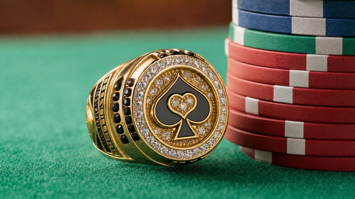 A gold ring sits on poker felt beside tournament chips, symbolizing the 12 WSOP Circuit gold ring events in Mexico City