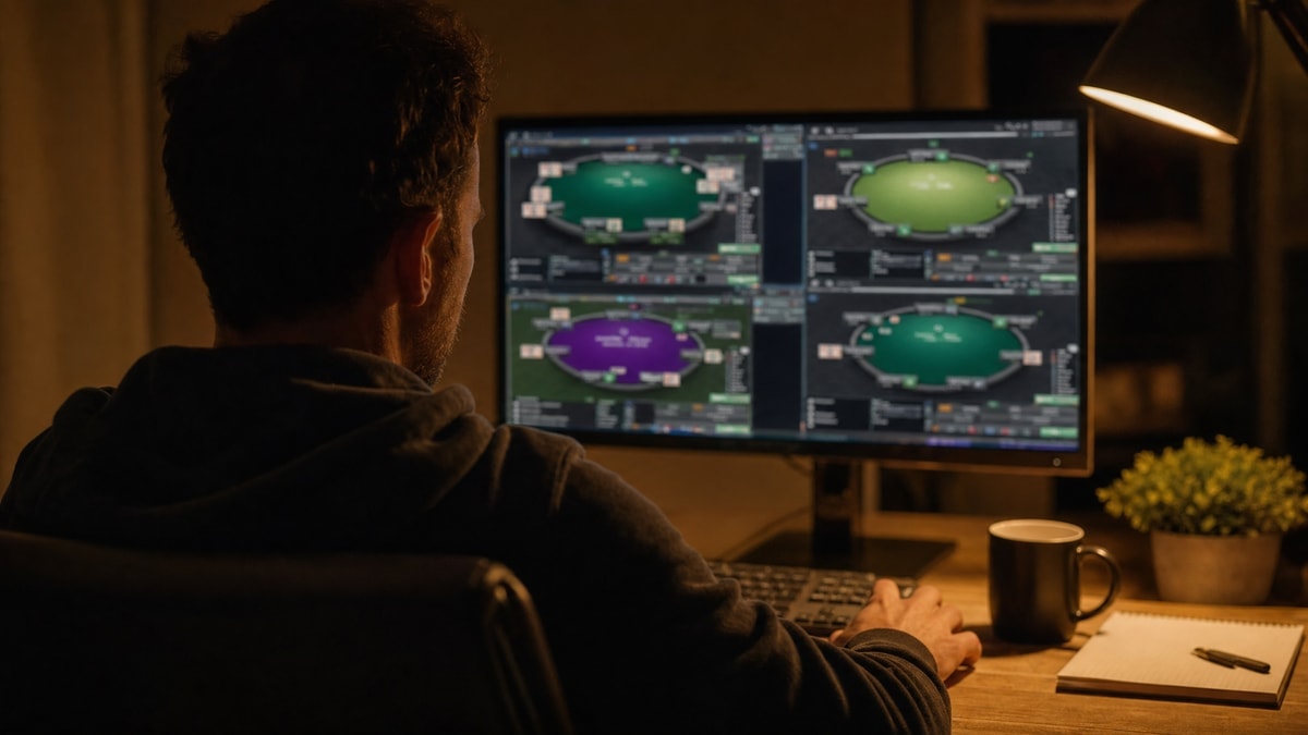 An online poker player multi-tabling a bracelet series from a home setup