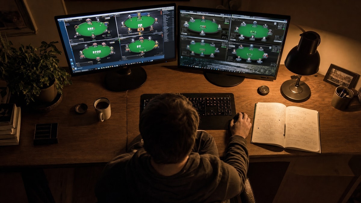 A home poker grinder's desk setup lit by a desk lamp at night